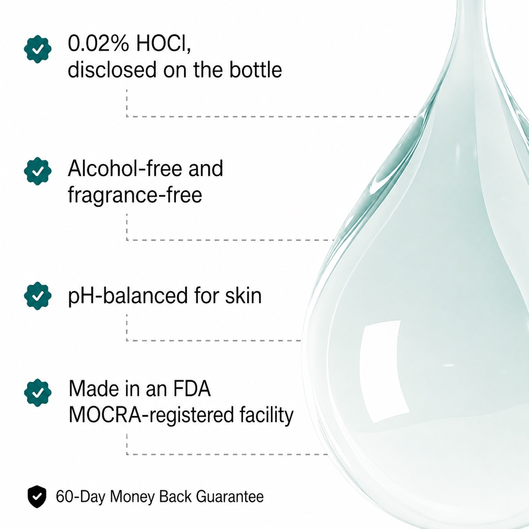 Checklist of JusSpray formula facts: 0.02% HOCl disclosed on the bottle, alcohol-free and fragrance-free, pH-balanced for skin, made in an FDA MOCRA-registered facility