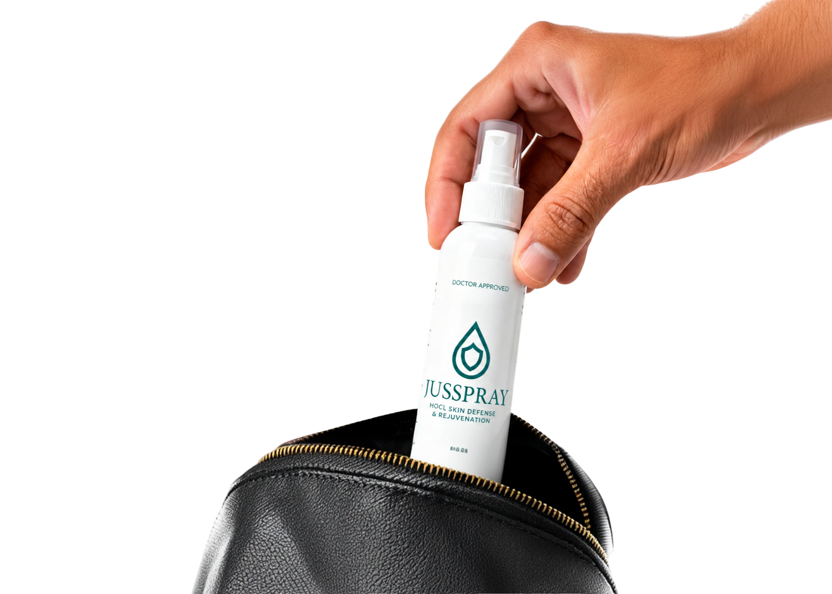 Hand lifting a JusSpray bottle out of a black zip pouch