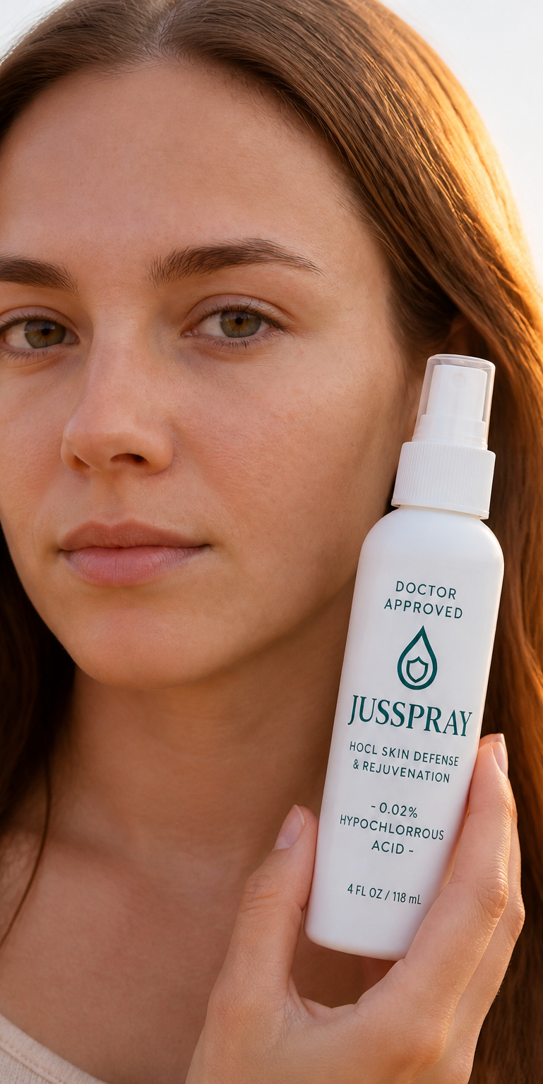 Close-up of a woman holding the JusSpray bottle beside her face in golden light