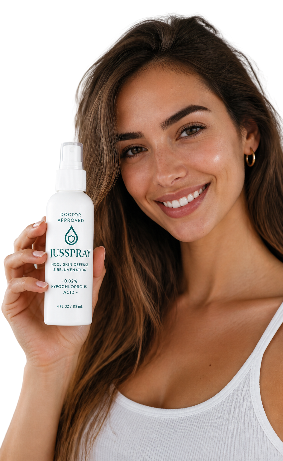 Overlay pass of the same customer holding a JusSpray bottle