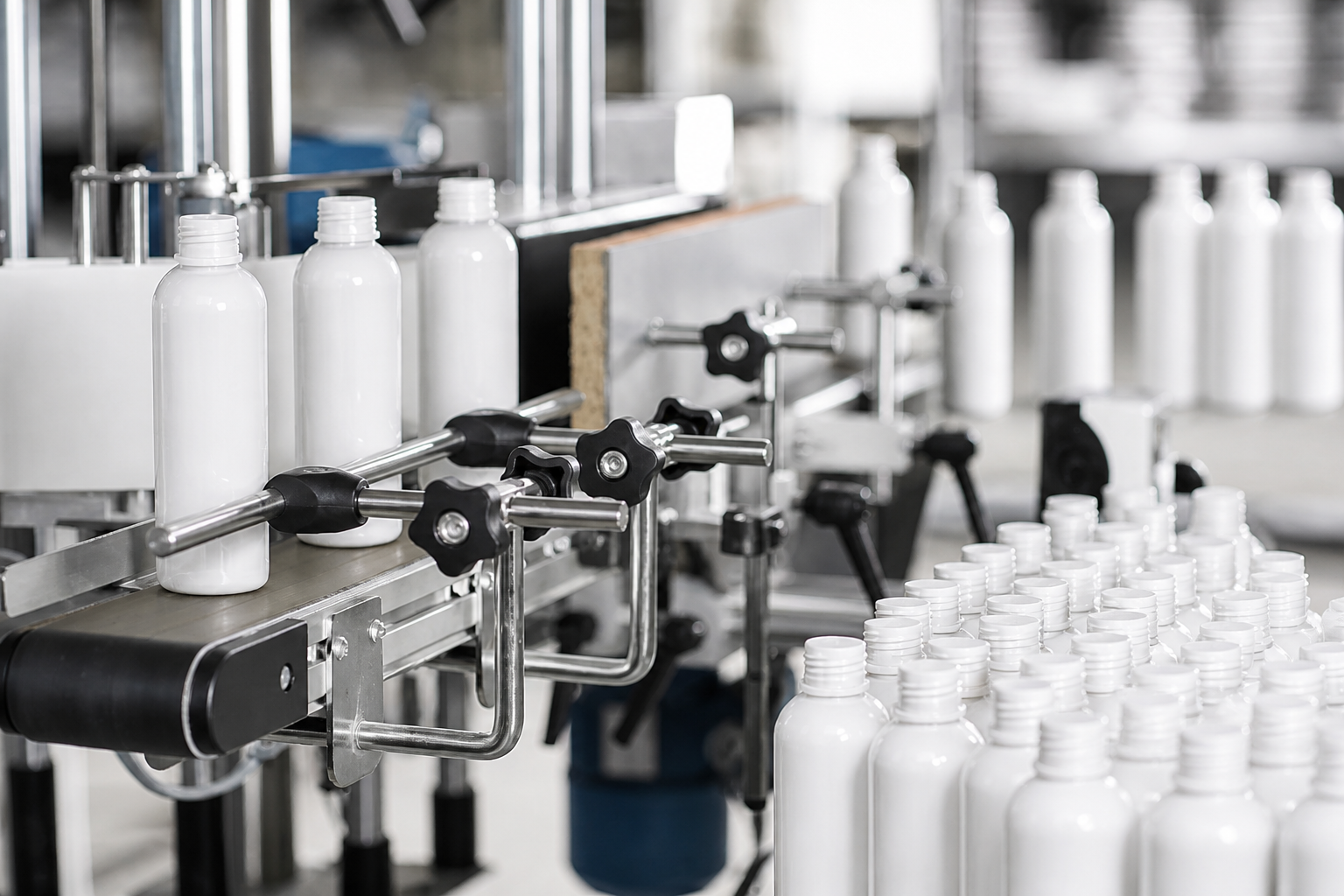 White spray bottles moving along a filling line inside a manufacturing plant